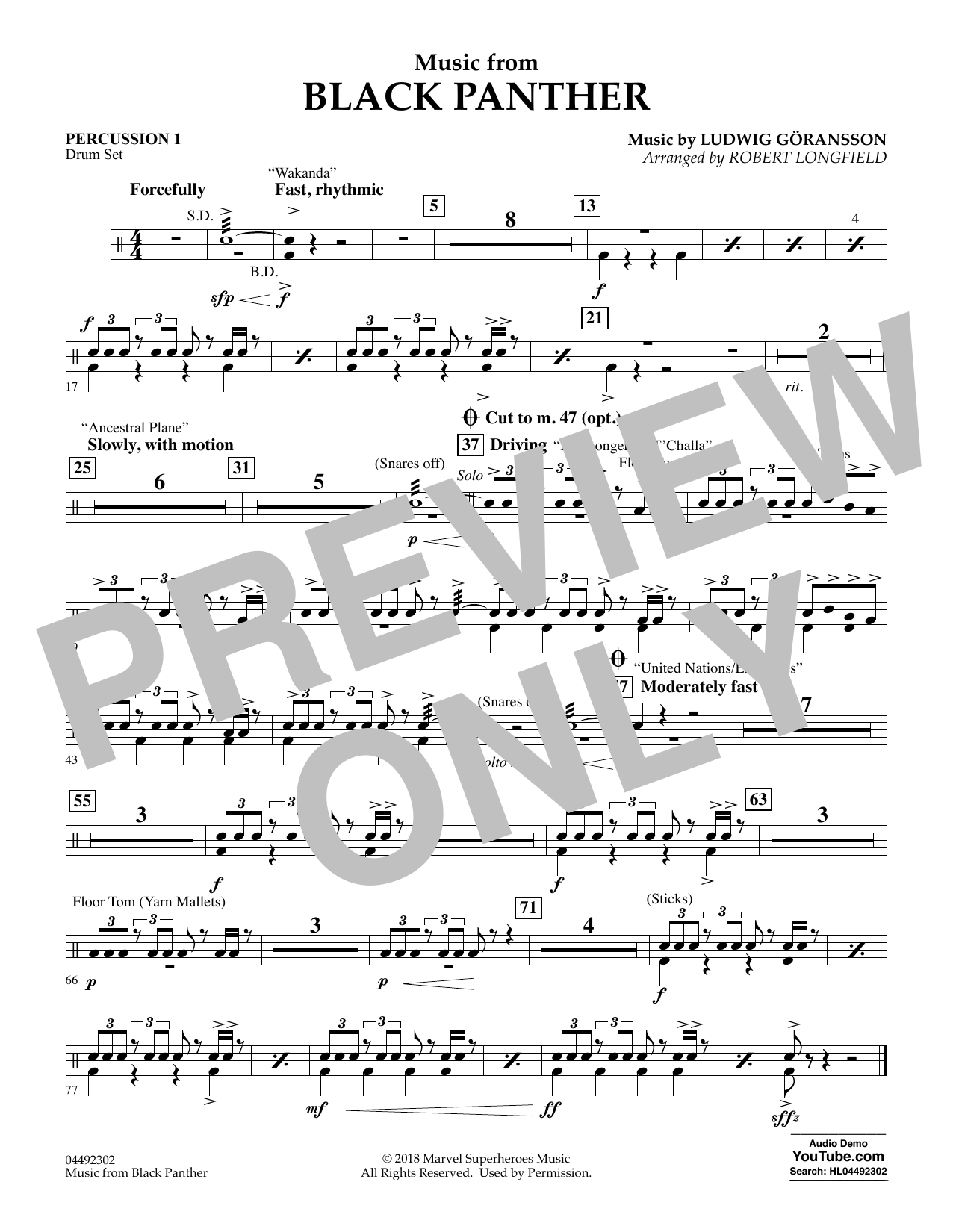 Ludwig Göransson Music from Black Panther (arr. Robert Longfield) - Percussion 1 Sheet Music Notes & Chords for Orchestra - Download or Print PDF