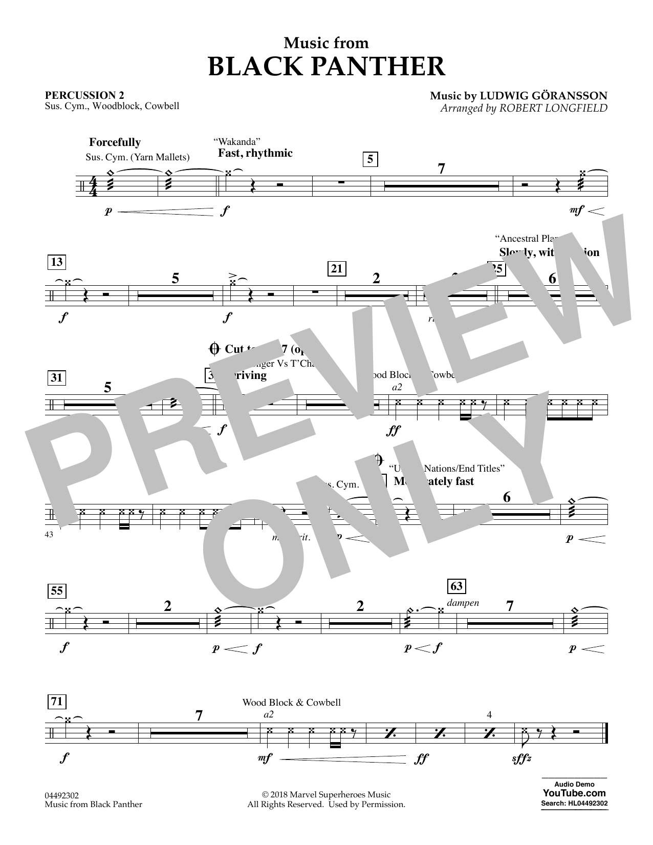 Ludwig Göransson Music from Black Panther (arr. Robert Longfield) - Percussion 2 Sheet Music Notes & Chords for Orchestra - Download or Print PDF