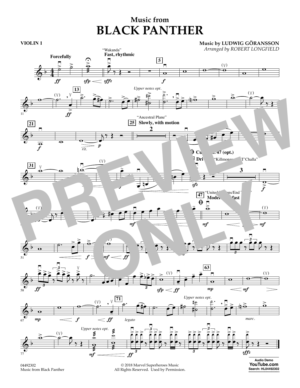 Ludwig Göransson Music from Black Panther (arr. Robert Longfield) - Violin 1 Sheet Music Notes & Chords for Orchestra - Download or Print PDF