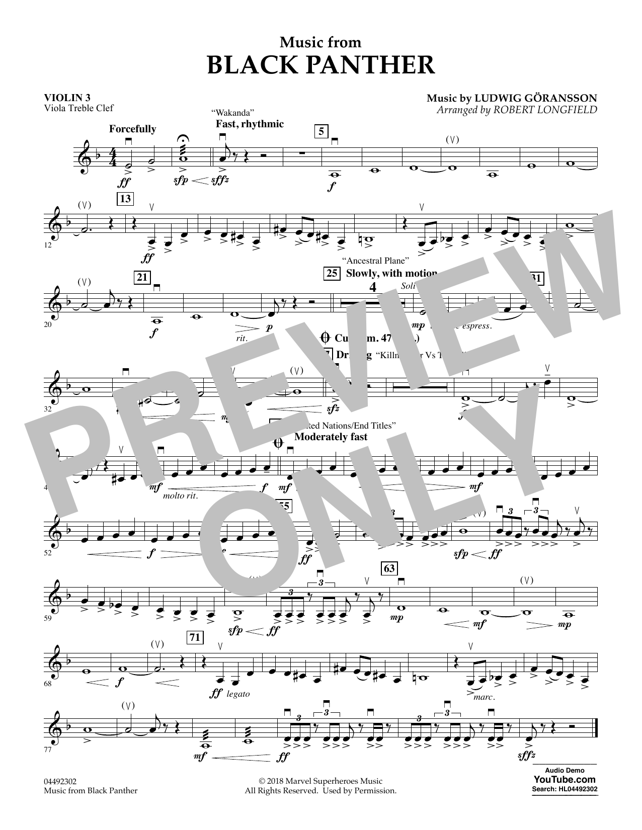Ludwig Göransson Music from Black Panther (arr. Robert Longfield) - Violin 3 (Viola Treble Clef) Sheet Music Notes & Chords for Orchestra - Download or Print PDF