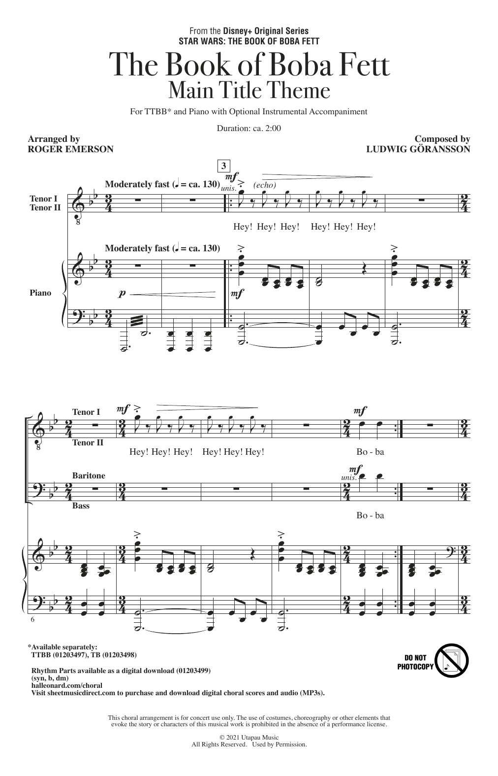 Ludwig Göransson The Book Of Boba Fett Main Title Theme (arr. Roger Emerson) Sheet Music Notes & Chords for TTBB Choir - Download or Print PDF