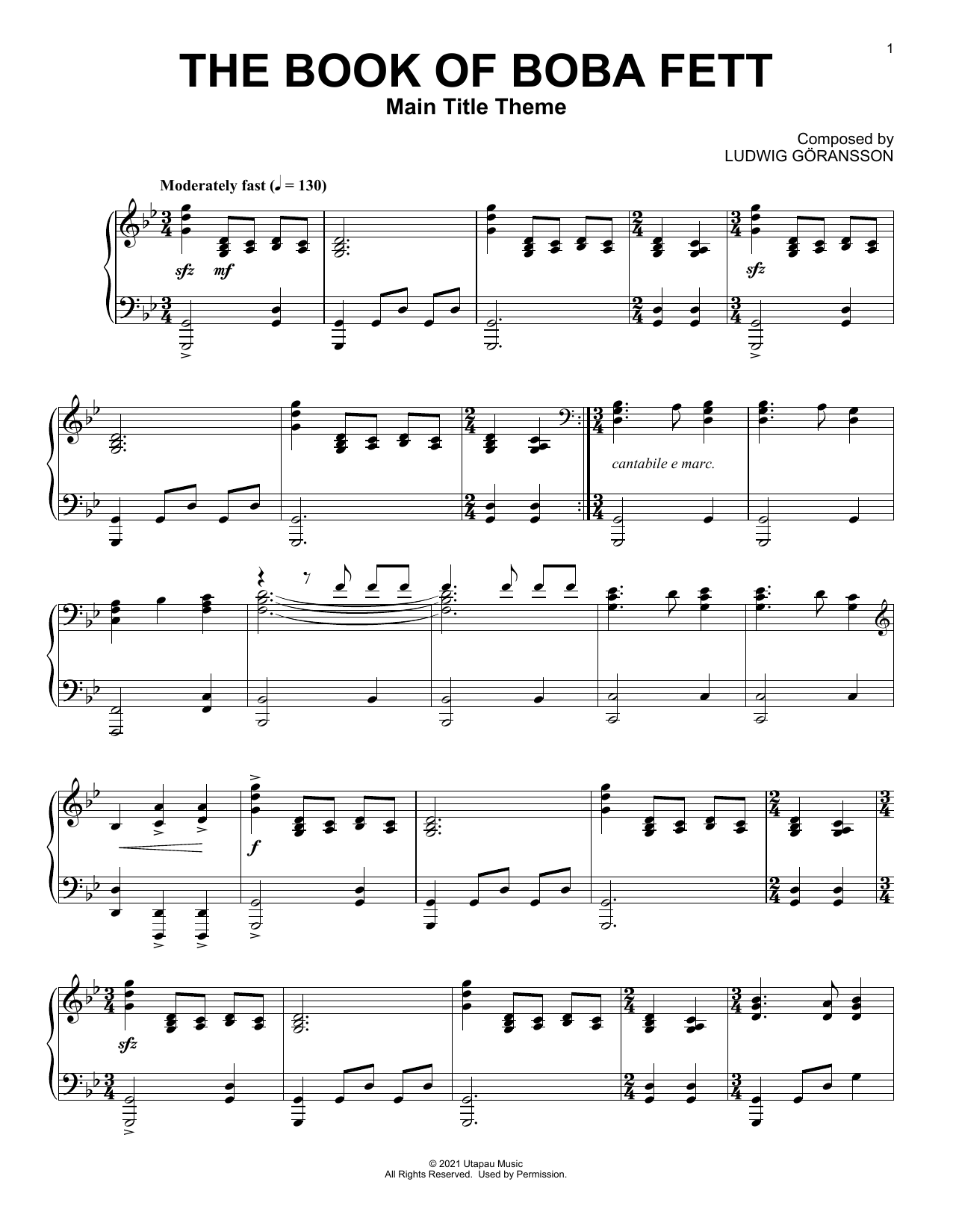 Ludwig Göransson The Book Of Boba Fett (Main Title Theme) Sheet Music Notes & Chords for Piano Solo - Download or Print PDF