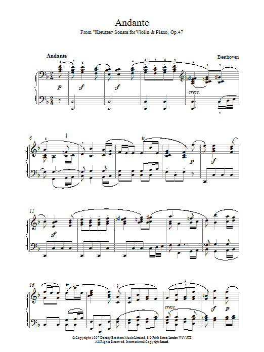 Ludwig van Beethoven Andante Kreutzer Sonata Sheet Music Notes & Chords for Piano - Download or Print PDF