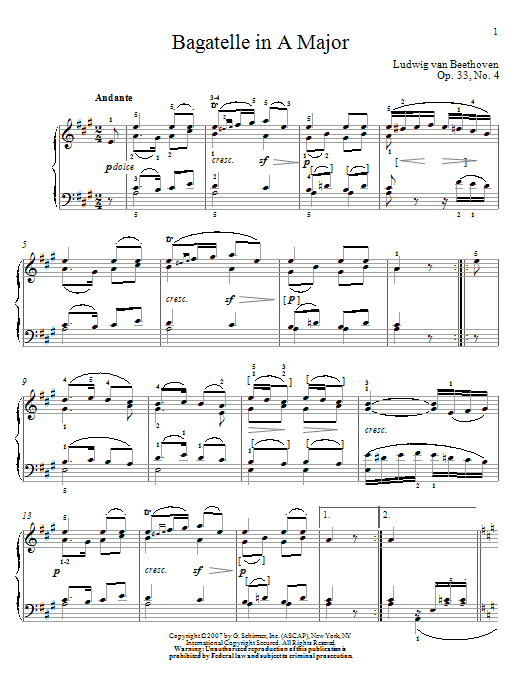 Ludwig van Beethoven Bagatelle In A Major, Op. 33, No. 4 Sheet Music Notes & Chords for Piano - Download or Print PDF