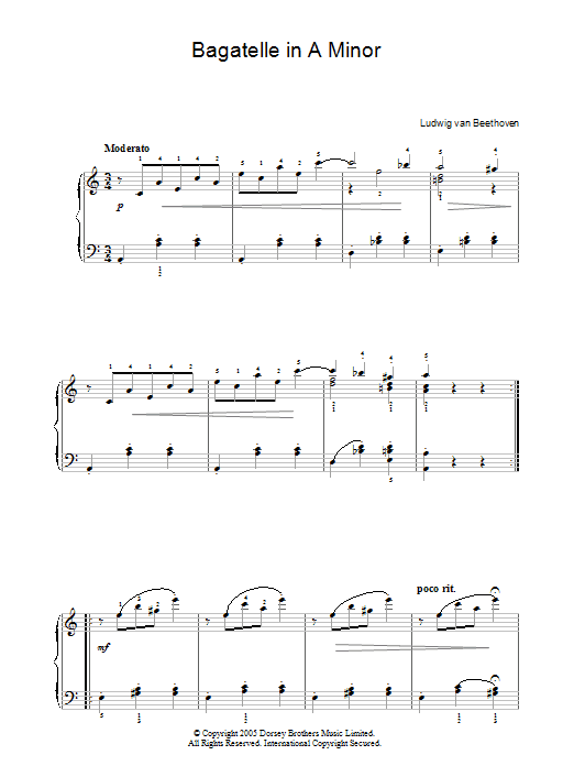 Ludwig van Beethoven Bagatelle In A Minor Sheet Music Notes & Chords for Piano - Download or Print PDF