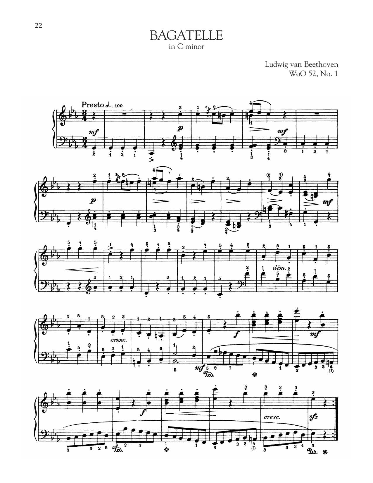 Ludwig van Beethoven Bagatelle In C Minor, WoO 52 Sheet Music Notes & Chords for Piano Solo - Download or Print PDF