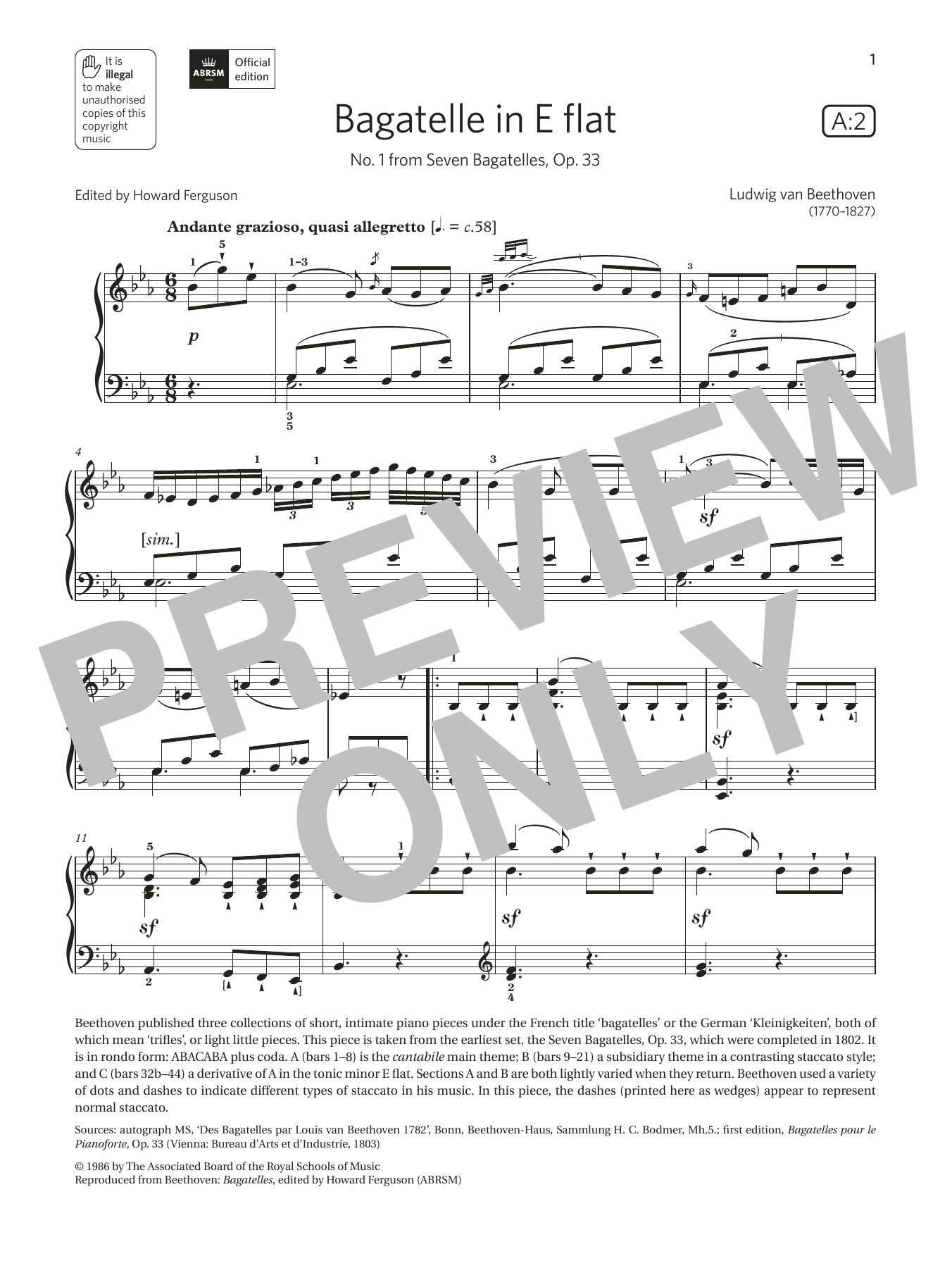 Ludwig van Beethoven Bagatelle in E flat (Grade 7, list A2, from the ABRSM Piano Syllabus 2021 & 2022) Sheet Music Notes & Chords for Piano Solo - Download or Print PDF