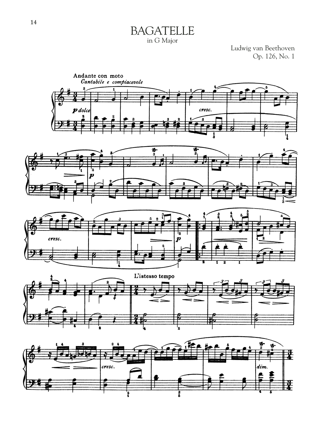 Ludwig van Beethoven Bagatelle In G Major, Op. 126, No. 1 Sheet Music Notes & Chords for Piano Solo - Download or Print PDF