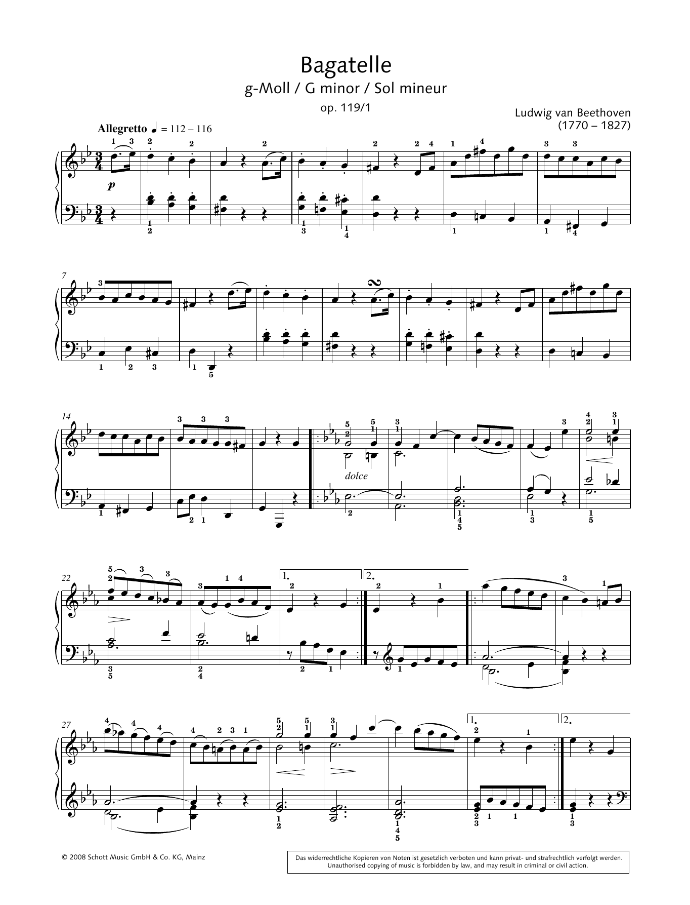 Ludwig van Beethoven Bagatelle in G minor Sheet Music Notes & Chords for Piano Solo - Download or Print PDF