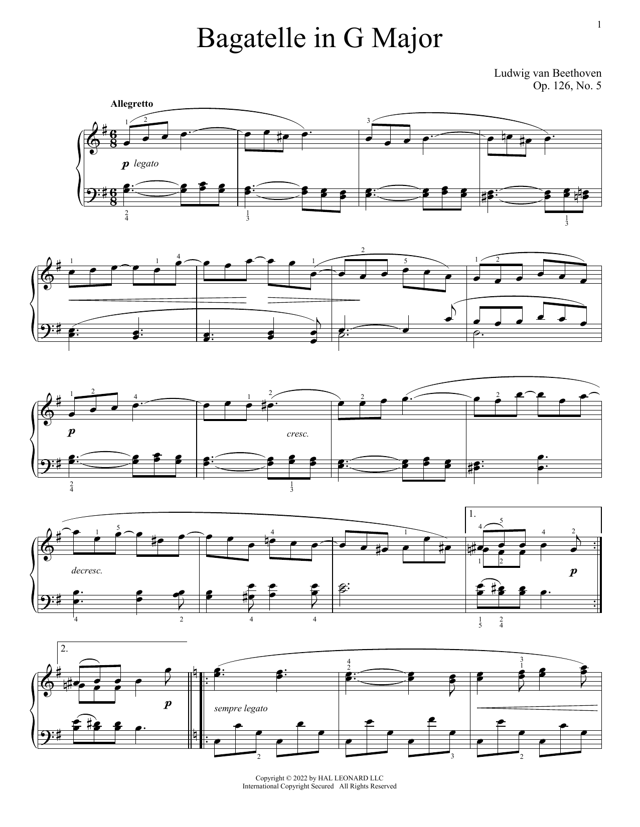 Ludwig van Beethoven Bagatelle in G, Op. 126, No. 5 Sheet Music Notes & Chords for Piano - Download or Print PDF