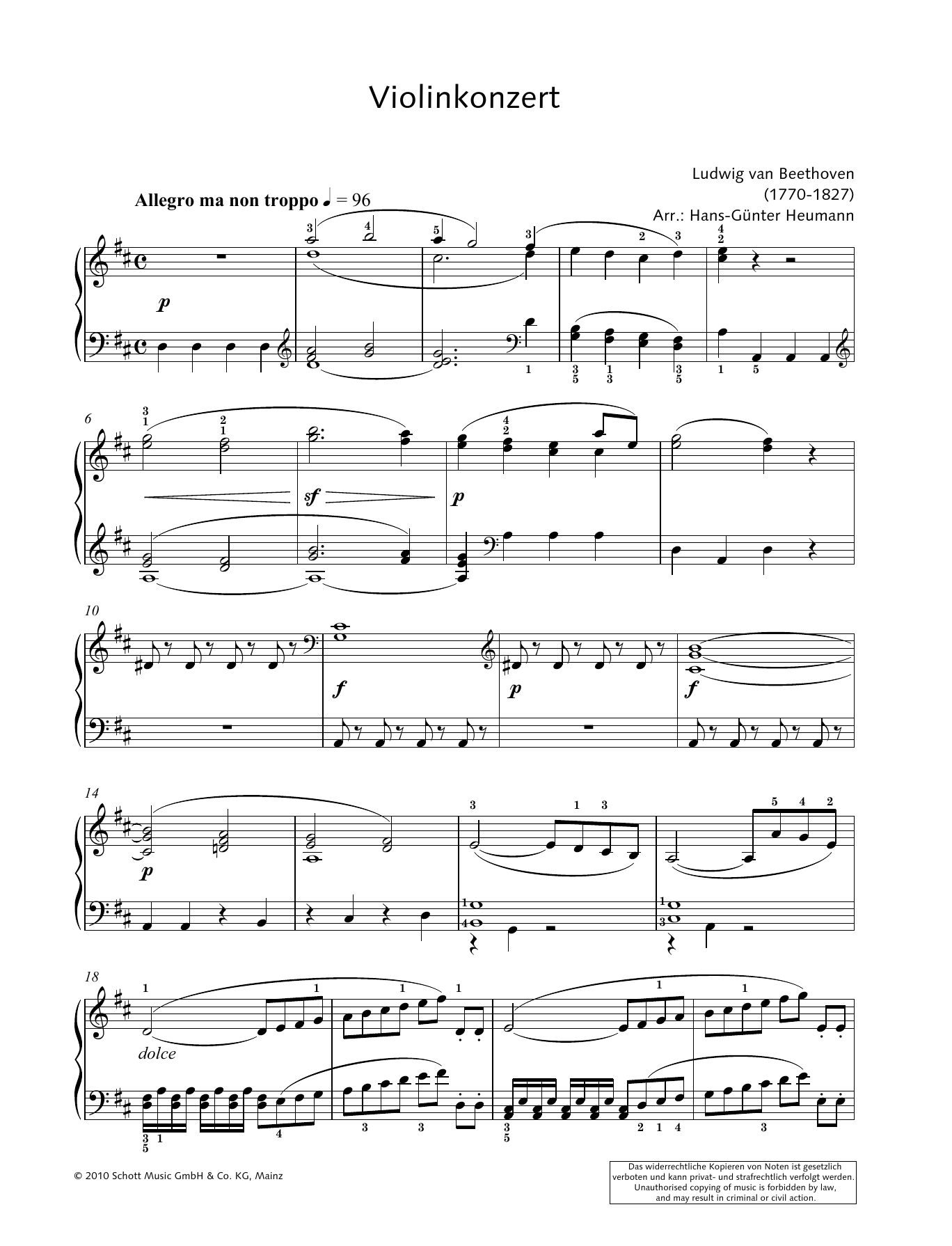 Ludwig van Beethoven Concerto for Violin and Orchestra in D major Sheet Music Notes & Chords for Piano Solo - Download or Print PDF