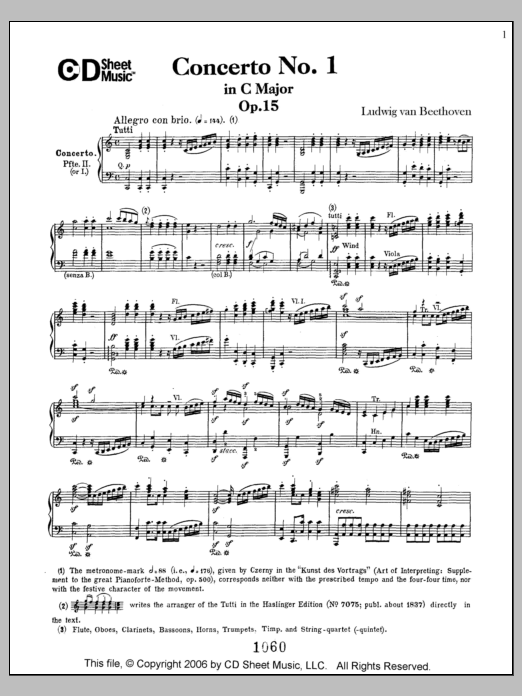 Ludwig van Beethoven Concerto No. 1 in C Major, Op. 15 Sheet Music Notes & Chords for Piano Solo - Download or Print PDF