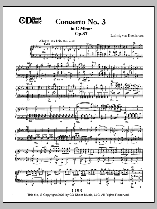 Ludwig van Beethoven Concerto No. 3 in C Minor, Op. 37 Sheet Music Notes & Chords for Piano Solo - Download or Print PDF