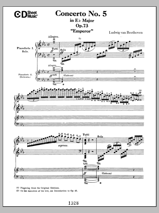Ludwig van Beethoven Concerto No. 5 In E-flat Major (emperor), Op. 73 Sheet Music Notes & Chords for Piano Solo - Download or Print PDF