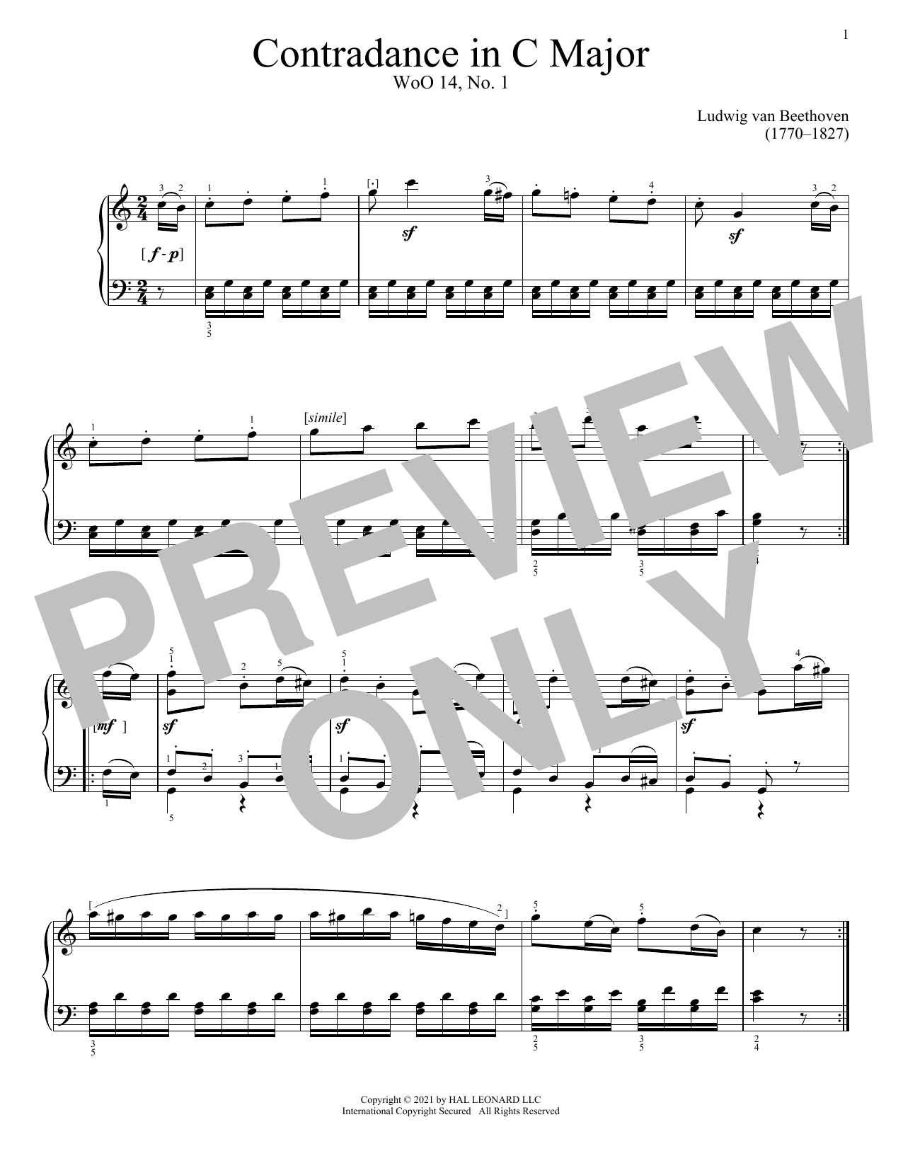 Ludwig van Beethoven Contredance In C Major, WoO 14, No. 1 Sheet Music Notes & Chords for Piano Solo - Download or Print PDF