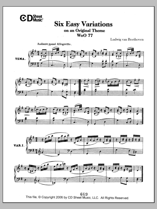 Ludwig van Beethoven Easy (6) Variations On An Original Theme, Woo 77 Sheet Music Notes & Chords for Piano Solo - Download or Print PDF