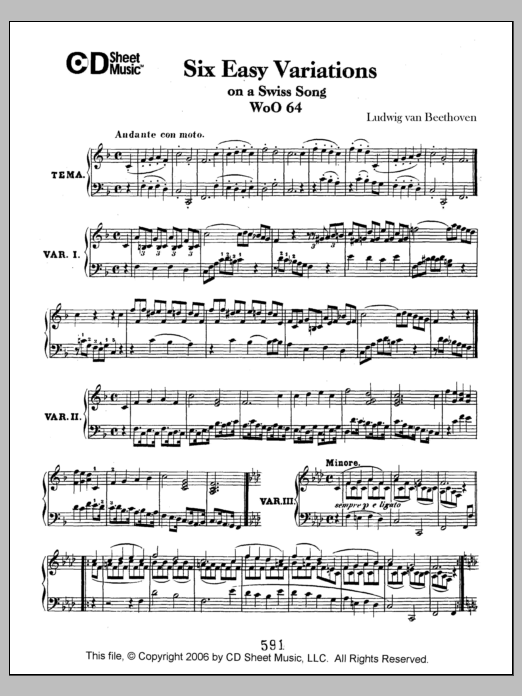 Ludwig van Beethoven Easy Variations (6) On A Swiss Song, Woo 64 Sheet Music Notes & Chords for Piano Solo - Download or Print PDF