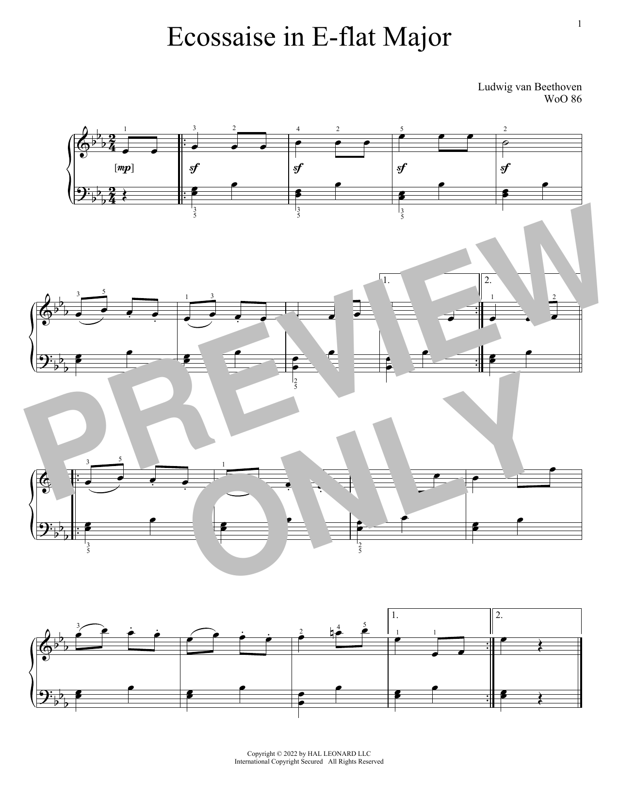 Ludwig van Beethoven Eccossaise In E-Flat Major, WoO 86 Sheet Music Notes & Chords for Piano Solo - Download or Print PDF