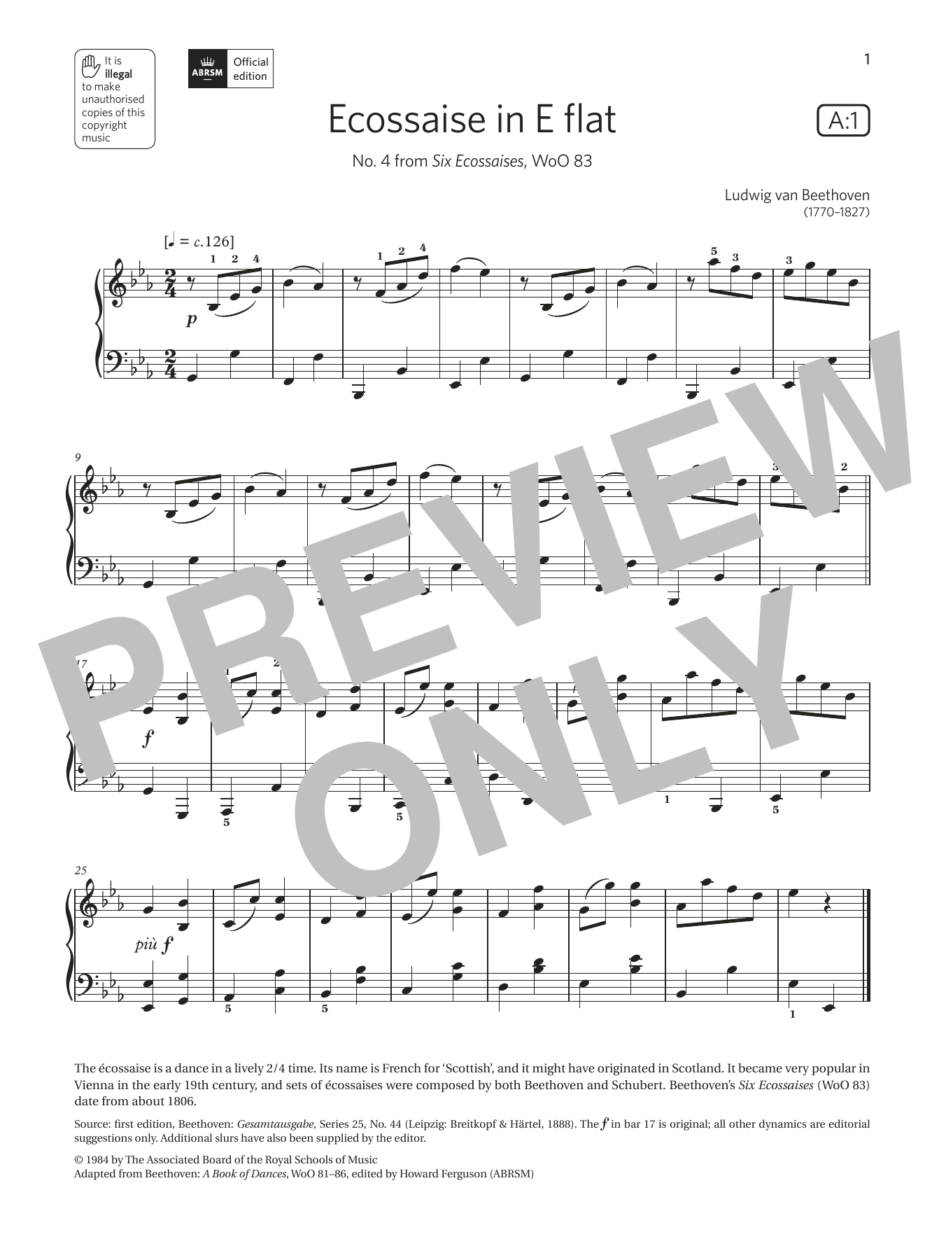 Ludwig van Beethoven Ecossaise in E flat (Grade 3, list A1, from the ABRSM Piano Syllabus 2021 & 2022) Sheet Music Notes & Chords for Piano Solo - Download or Print PDF