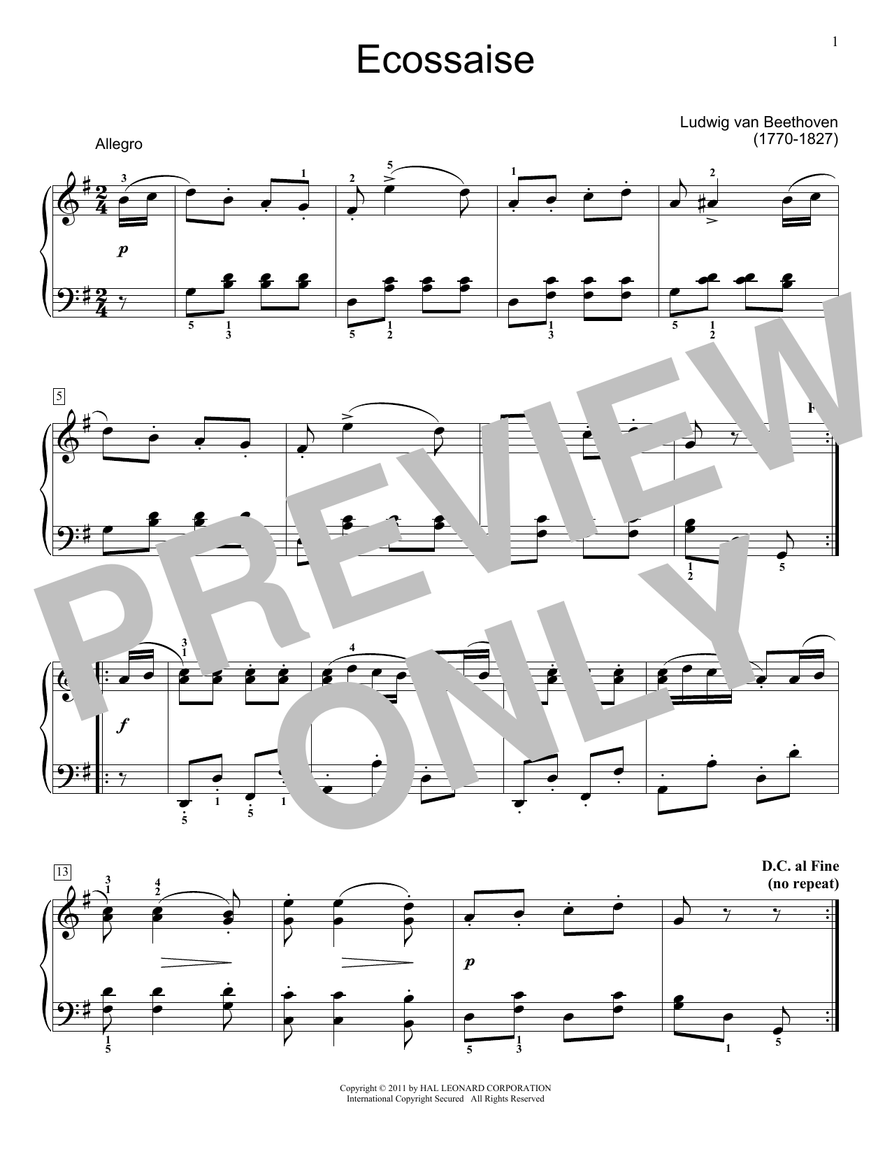 Ludwig van Beethoven Ecossaise in G major Sheet Music Notes & Chords for Piano Solo - Download or Print PDF