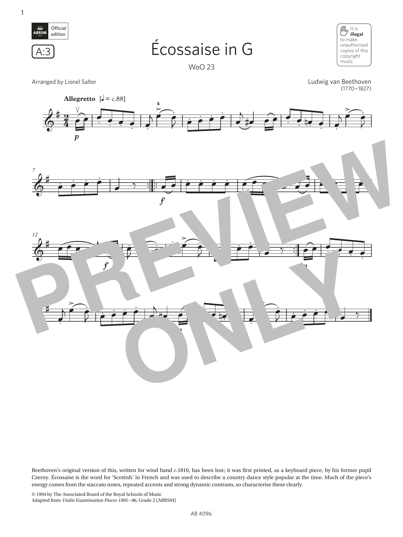 Ludwig van Beethoven Écossaise in G, WoO 23 (Grade 2, A3, from the ABRSM Violin Syllabus from 2024) Sheet Music Notes & Chords for Violin Solo - Download or Print PDF