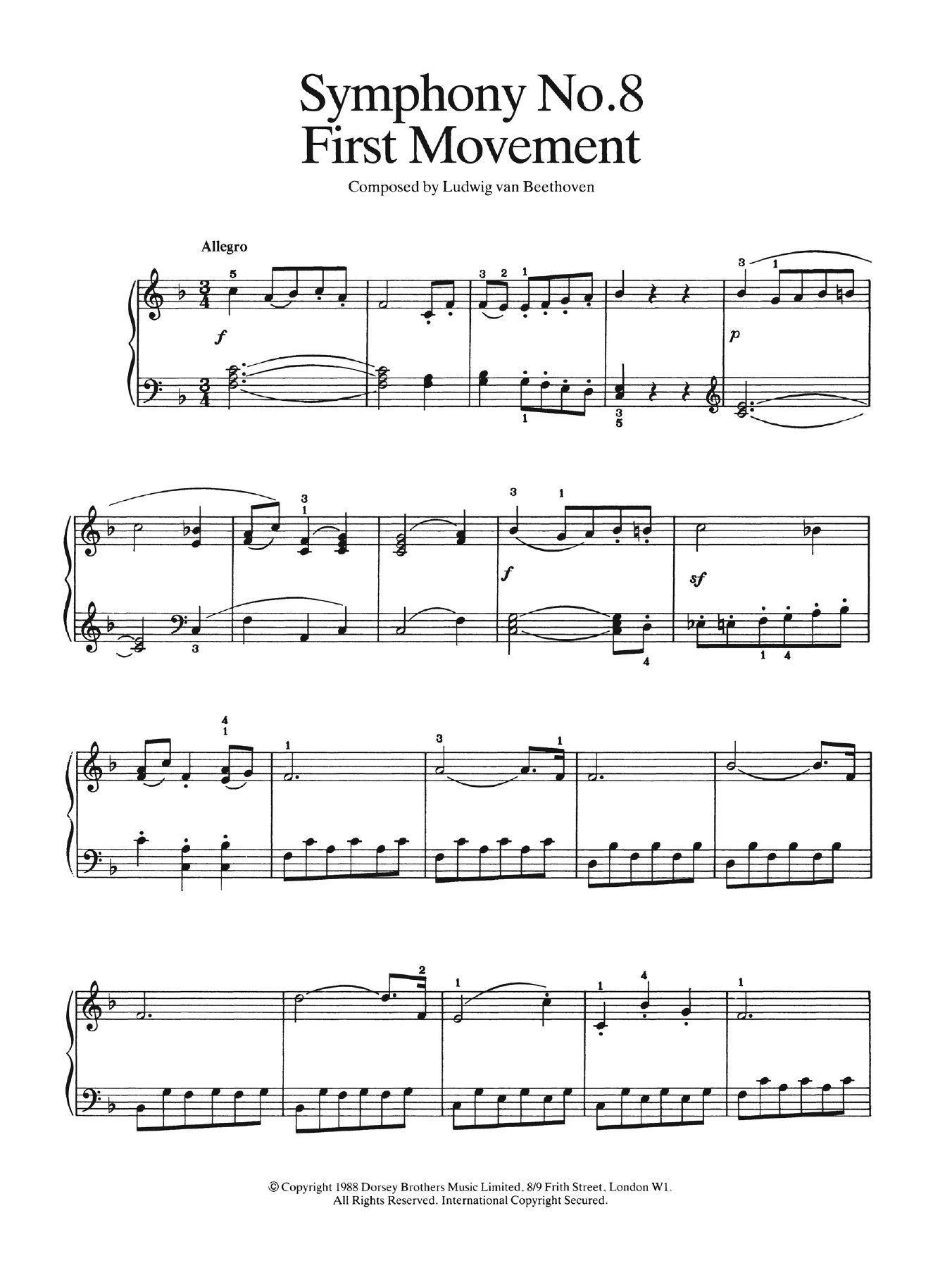 Ludwig van Beethoven First Movement (from Symphony No. 8 In F Major, Op. 93) Sheet Music Notes & Chords for Easy Piano - Download or Print PDF