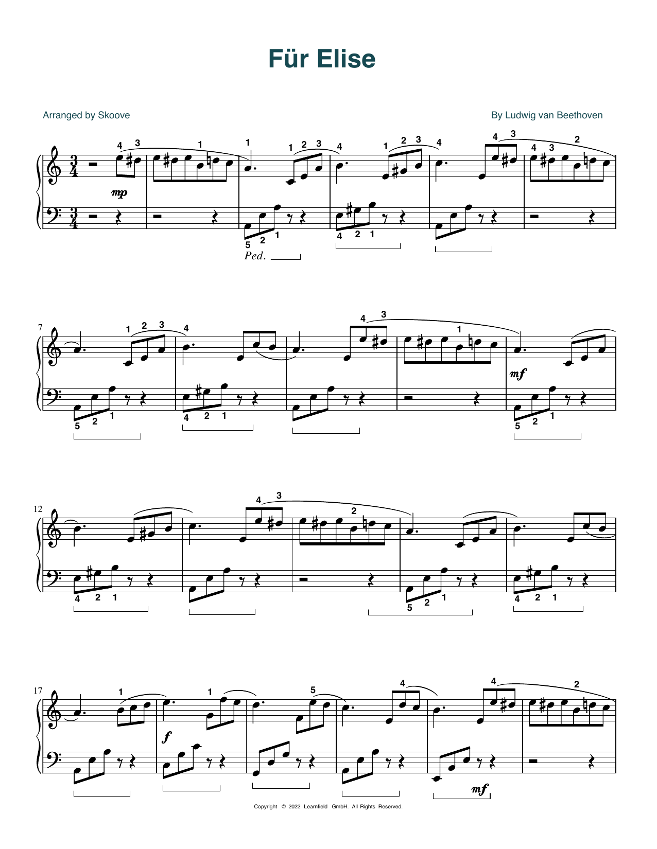 Ludwig van Beethoven Fur Elise (arr. Skoove) Sheet Music Notes & Chords for Piano Solo - Download or Print PDF