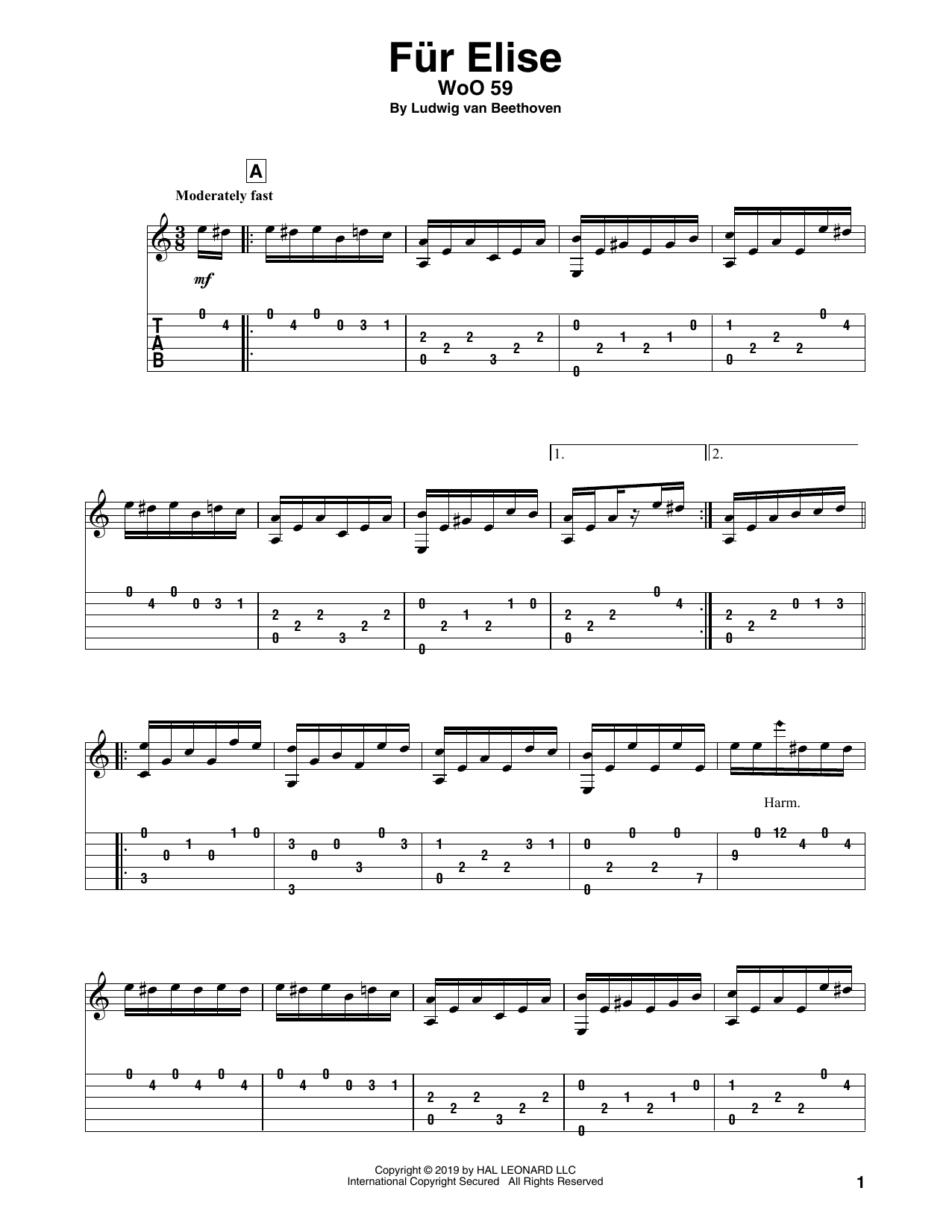 Ludwig van Beethoven Fur Elise, WoO 59 (arr. Bill LaFleur) Sheet Music Notes & Chords for Solo Guitar Tab - Download or Print PDF