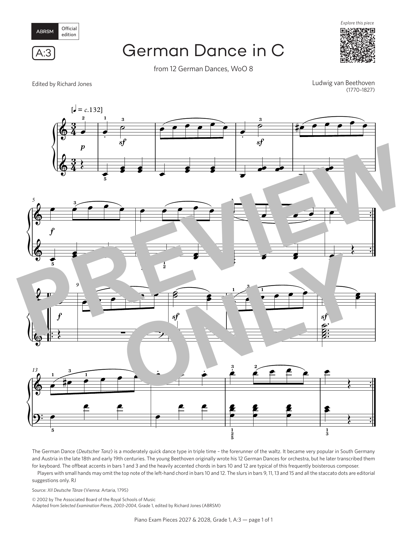 Ludwig Van Beethoven German Dance in C (Grade 1, list A3, from the ABRSM Piano Syllabus 2027 & 2028) Sheet Music Notes & Chords for Piano Solo - Download or Print PDF