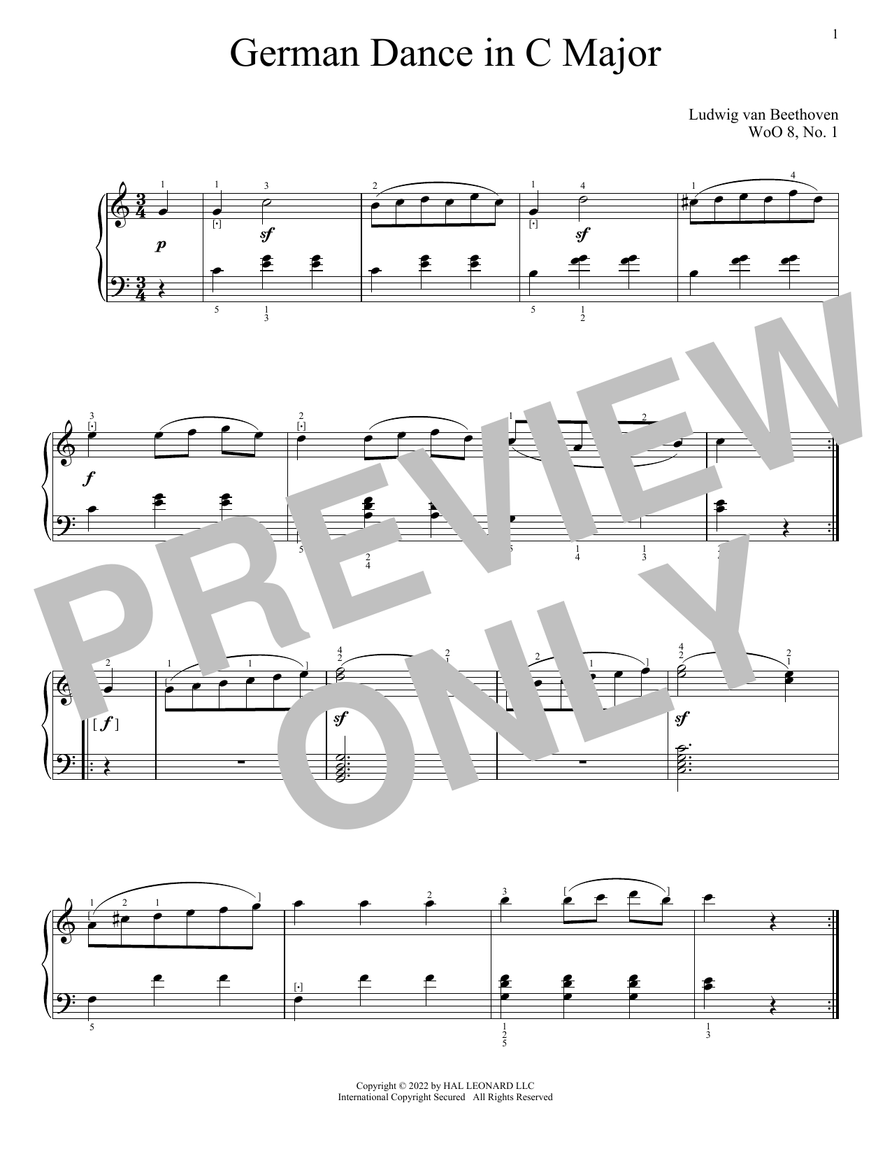Ludwig van Beethoven German Dance In C Major, WoO 8, No. 1 Sheet Music Notes & Chords for Piano Solo - Download or Print PDF