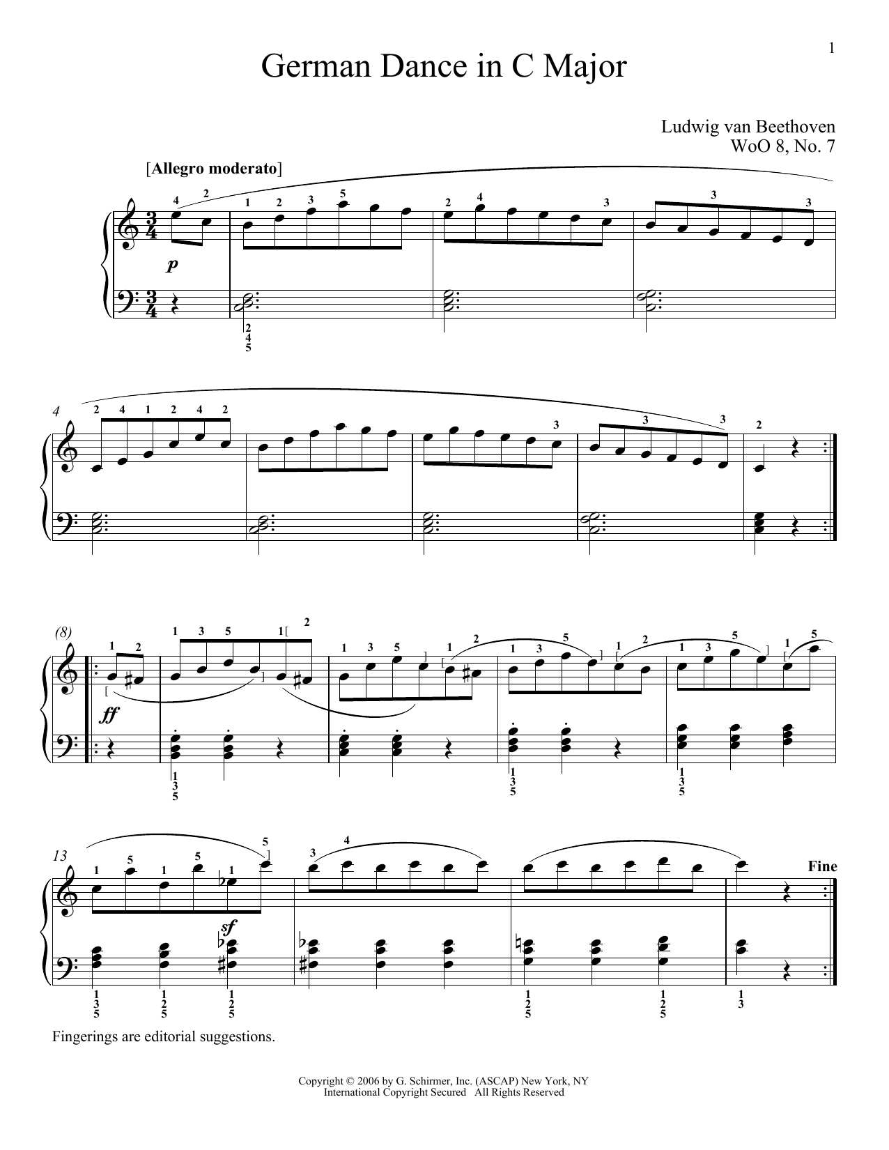 Ludwig van Beethoven German Dance In C Major, WoO 8, No. 7 Sheet Music Notes & Chords for Piano Solo - Download or Print PDF