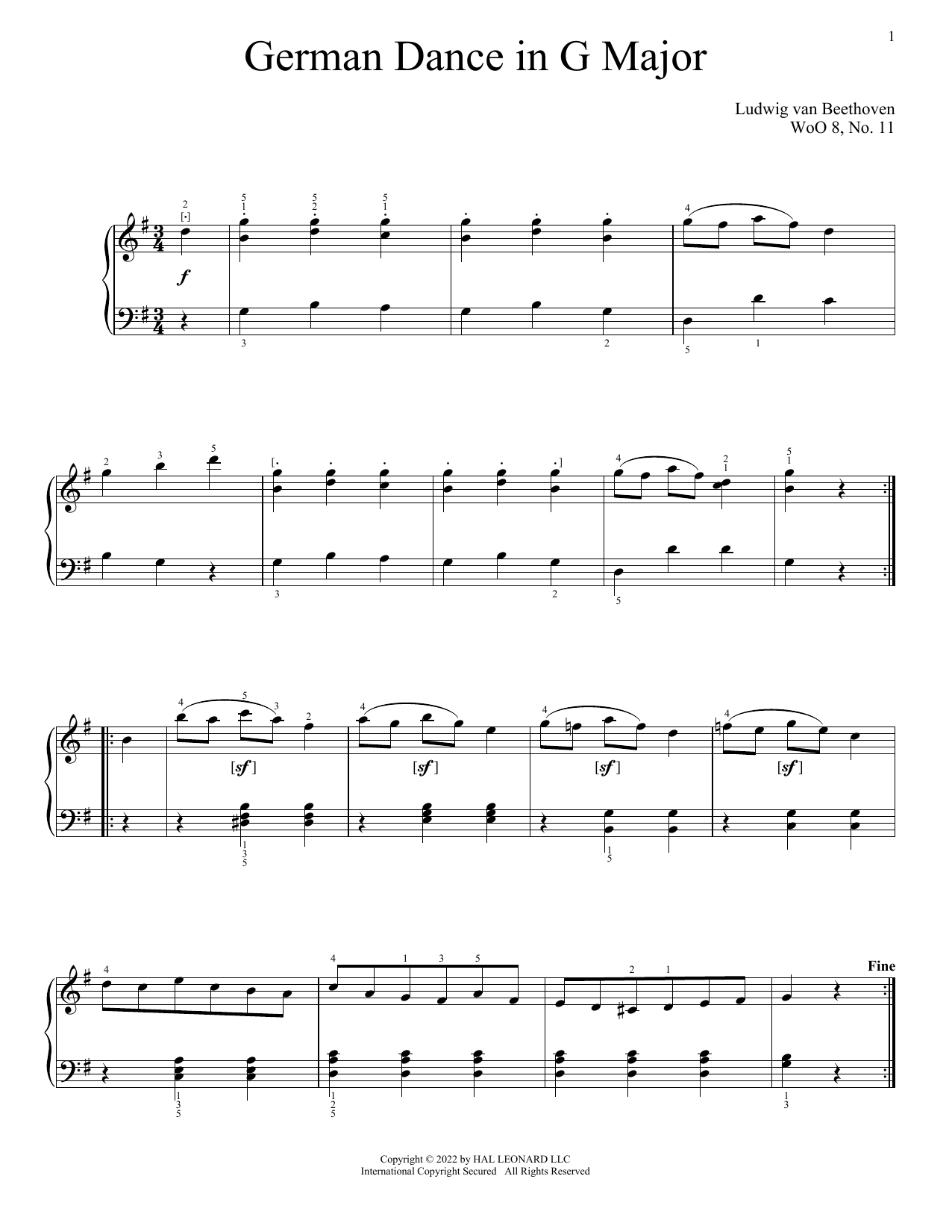 Ludwig van Beethoven German Dance In G Major, WoO 8, No. 11 Sheet Music Notes & Chords for Piano Solo - Download or Print PDF