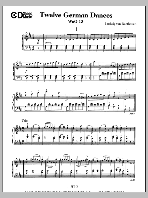 Ludwig van Beethoven German Dances (12), Woo 13 Sheet Music Notes & Chords for Piano Solo - Download or Print PDF