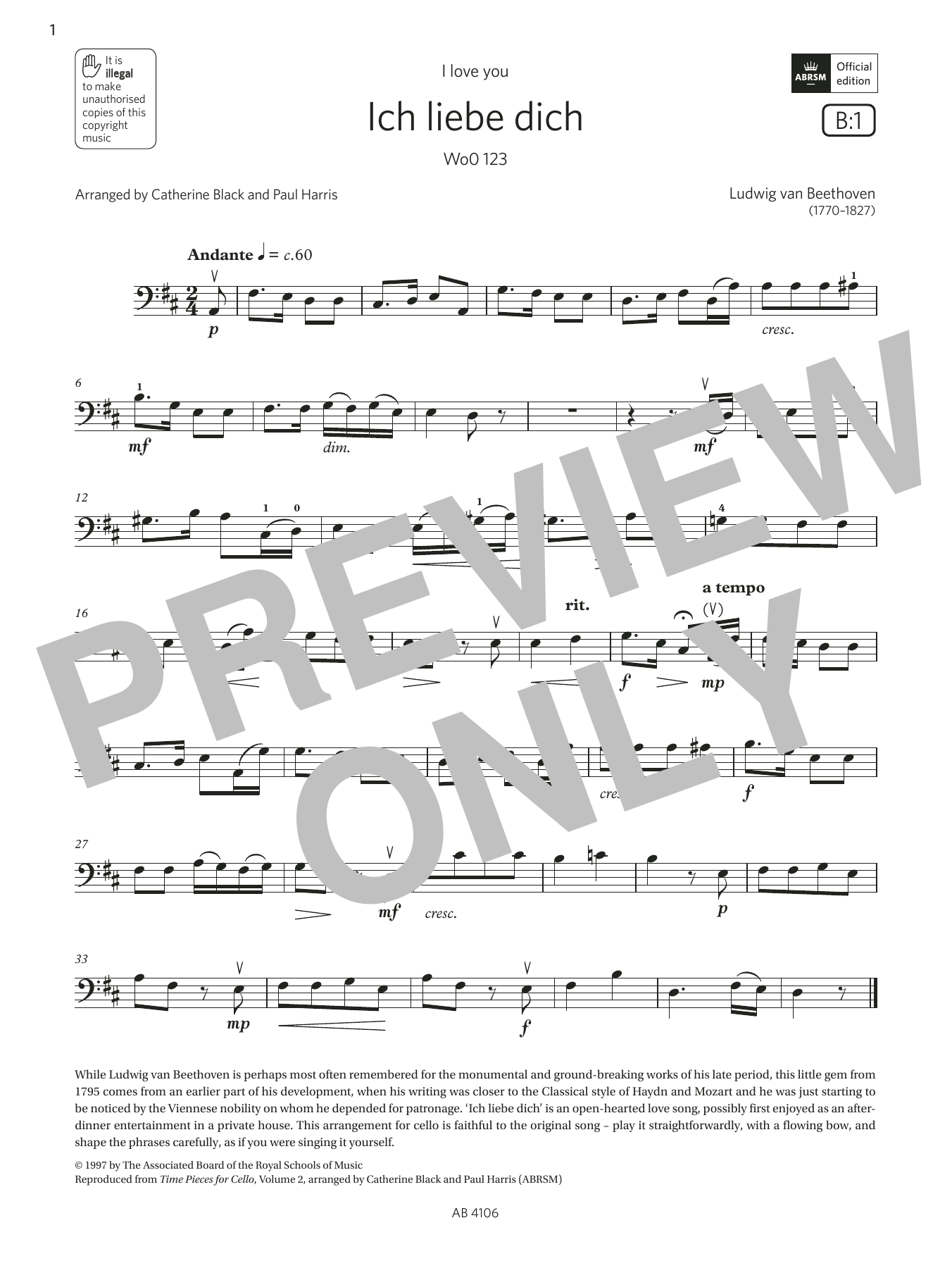 Ludwig van Beethoven Ich liebe dich (Grade 3, B1, from the ABRSM Cello Syllabus from 2024) Sheet Music Notes & Chords for Cello Solo - Download or Print PDF