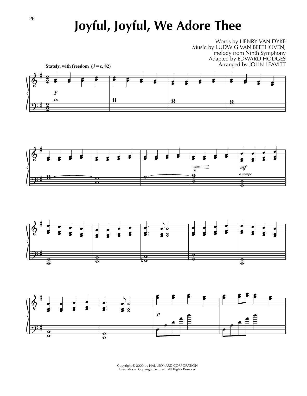 Ludwig van Beethoven Joyful, Joyful, We Adore Thee (arr. John Leavitt) Sheet Music Notes & Chords for Piano Solo - Download or Print PDF