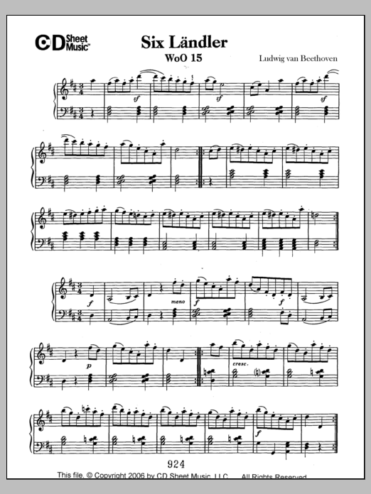Ludwig van Beethoven Landler (6), Woo 15 Sheet Music Notes & Chords for Piano Solo - Download or Print PDF