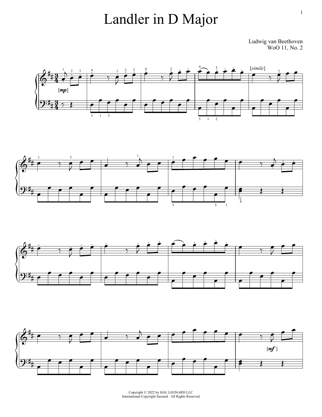 Ludwig van Beethoven Landler In D Major, WoO 11, No. 2 Sheet Music Notes & Chords for Piano Solo - Download or Print PDF