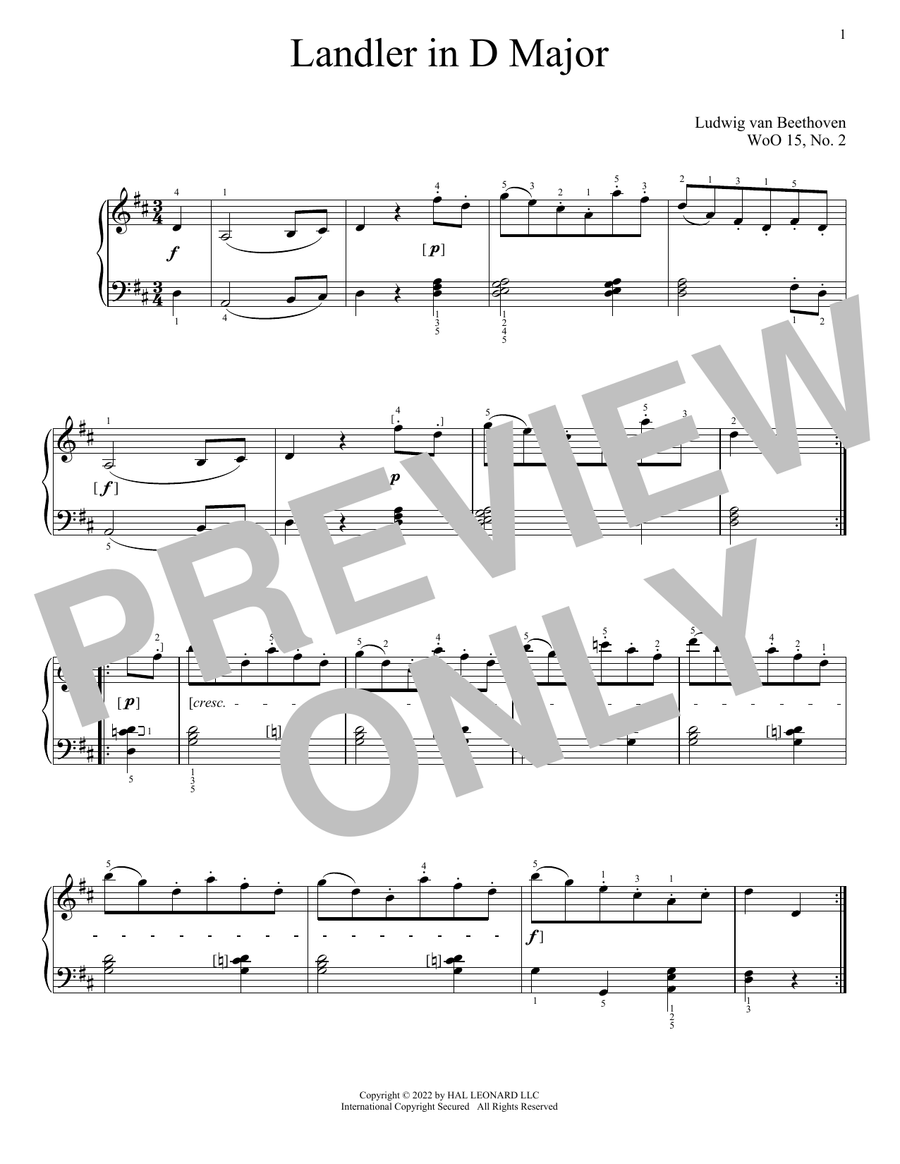 Ludwig van Beethoven Landler In D Major, WoO 15, No. 2 Sheet Music Notes & Chords for Piano Solo - Download or Print PDF