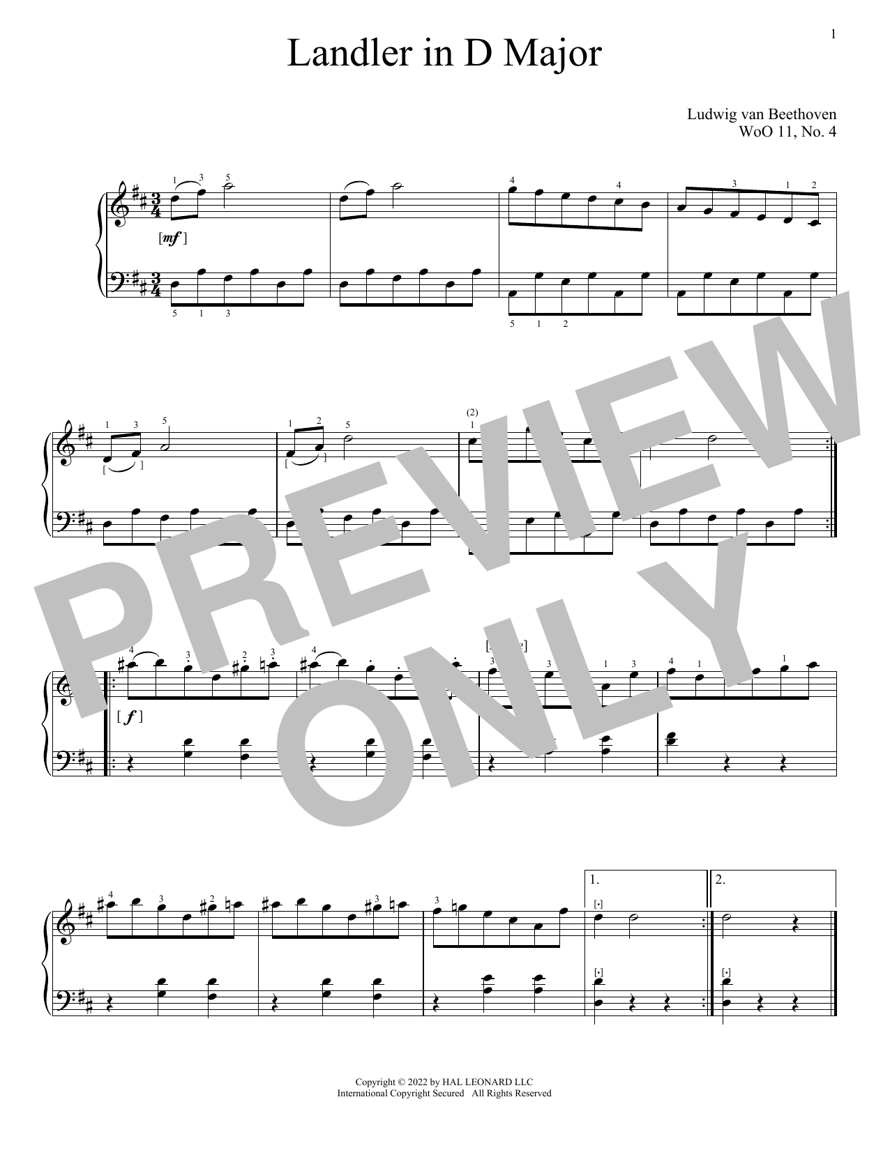 Ludwig van Beethoven Landler In D Minor, WoO 11, No. 4 Sheet Music Notes & Chords for Piano Solo - Download or Print PDF