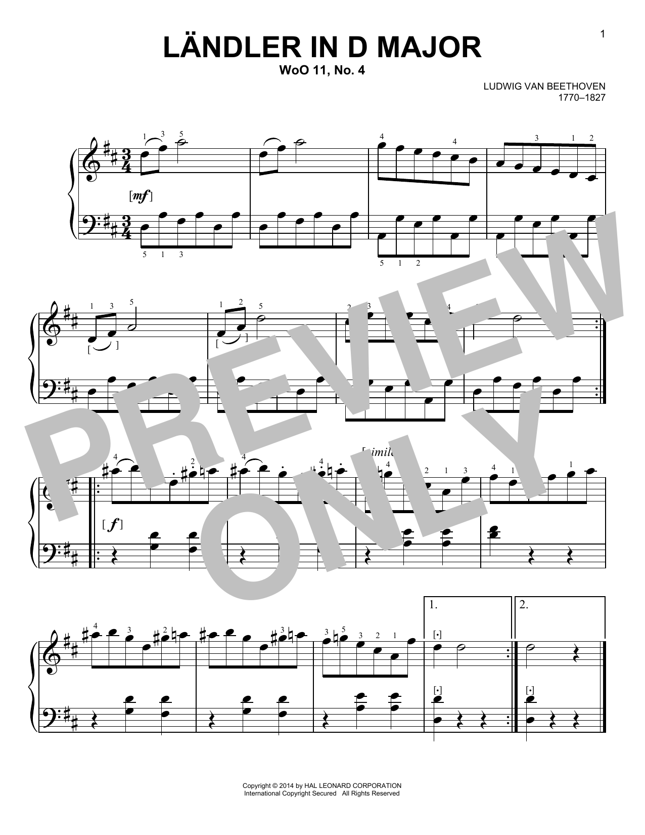 Ludwig van Beethoven Landler Sheet Music Notes & Chords for Easy Piano - Download or Print PDF