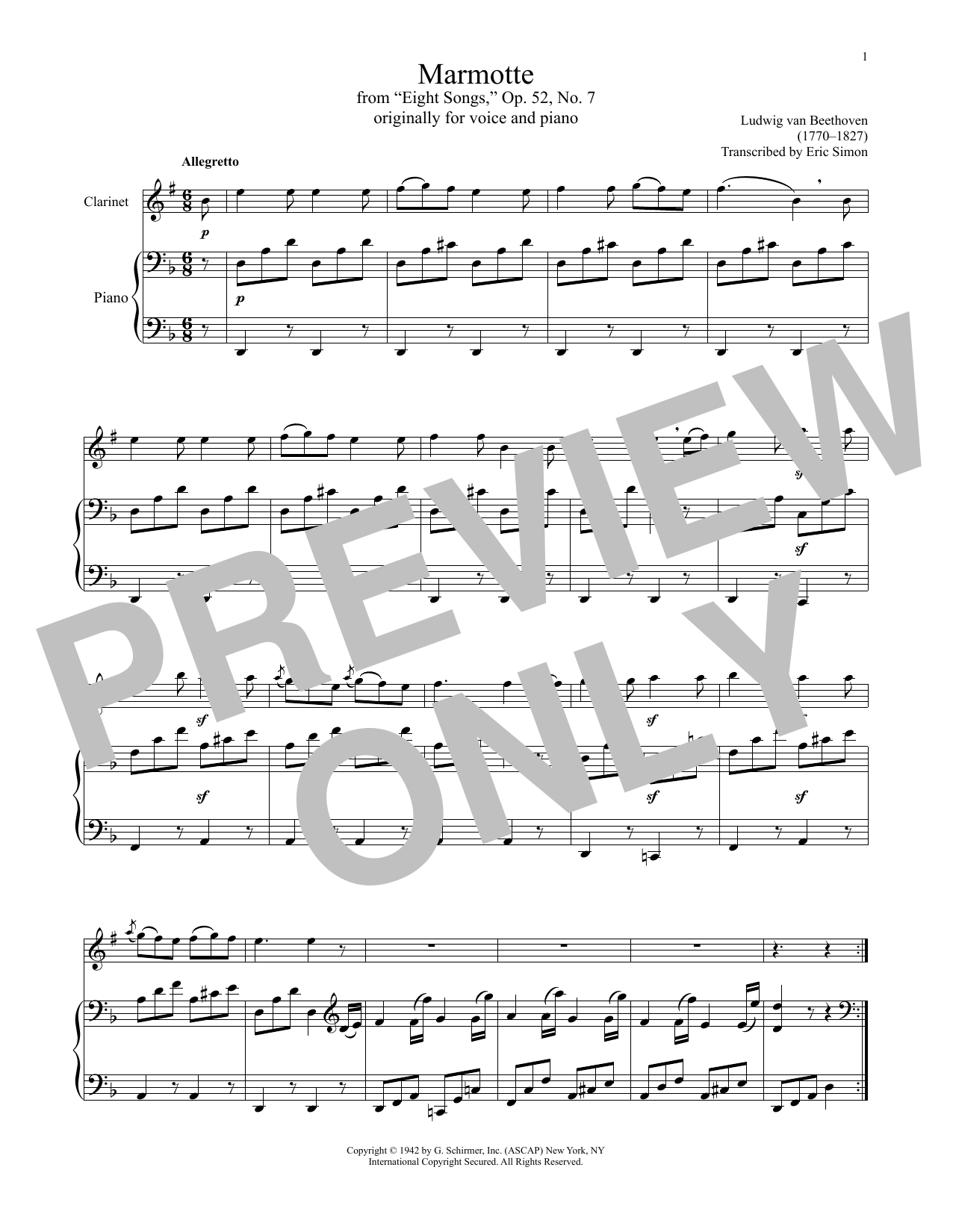 Ludwig van Beethoven Marmotte, Op. 52, No. 7 Sheet Music Notes & Chords for Clarinet and Piano - Download or Print PDF