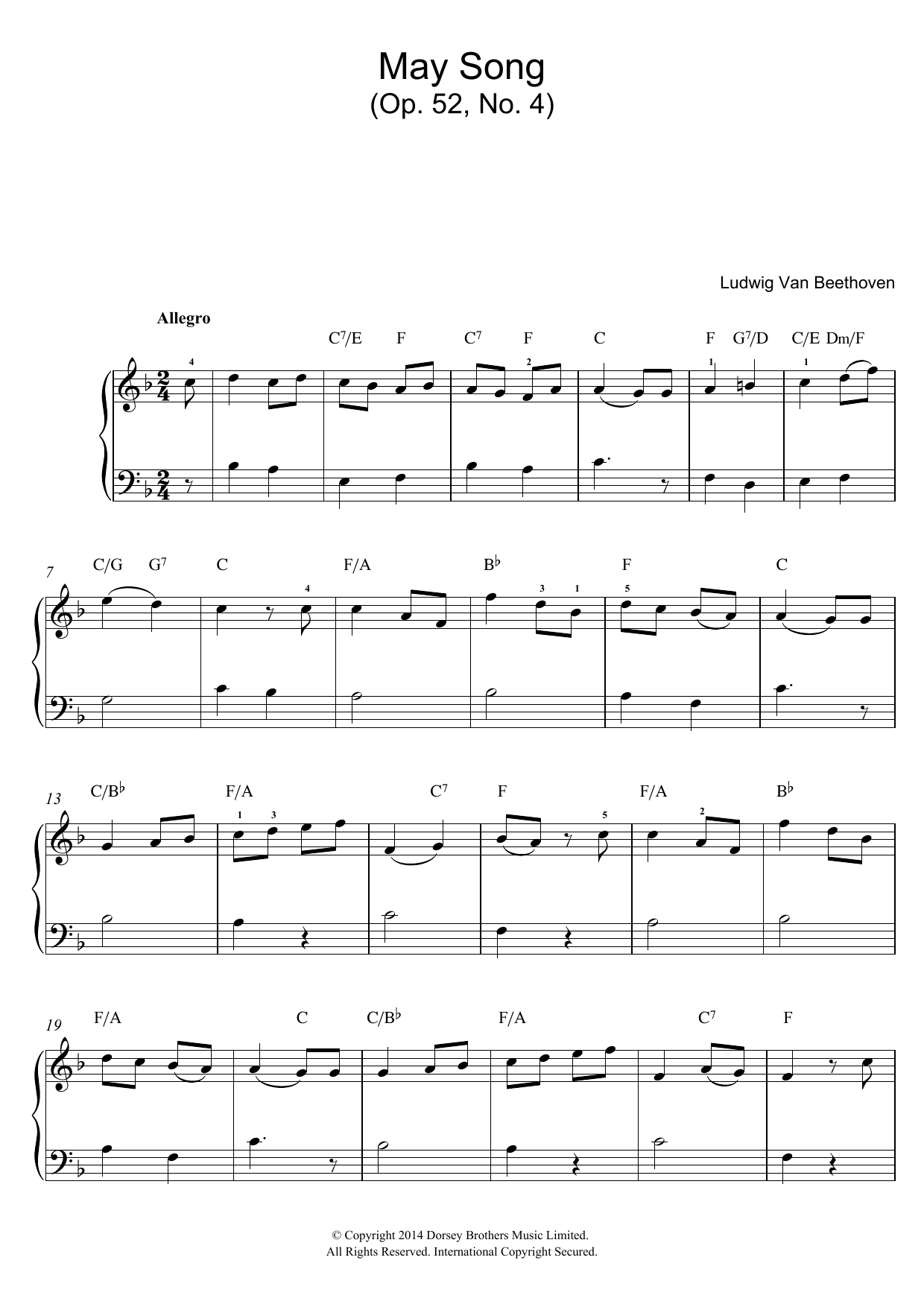 Ludwig van Beethoven May Song Op.52, No.4 Sheet Music Notes & Chords for Beginner Piano - Download or Print PDF