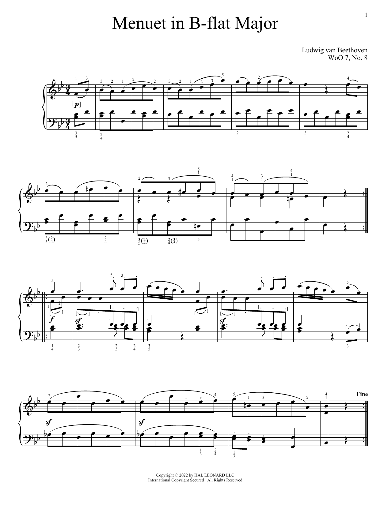 Ludwig van Beethoven Minuet In B-Flat, WoO 7, No. 8 Sheet Music Notes & Chords for Piano Solo - Download or Print PDF
