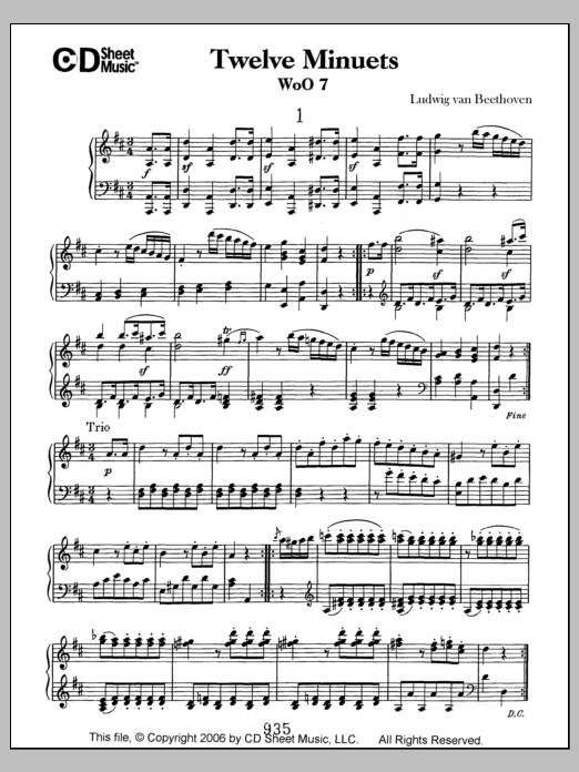 Ludwig van Beethoven Minuets (12), Woo 7 Sheet Music Notes & Chords for Piano Solo - Download or Print PDF