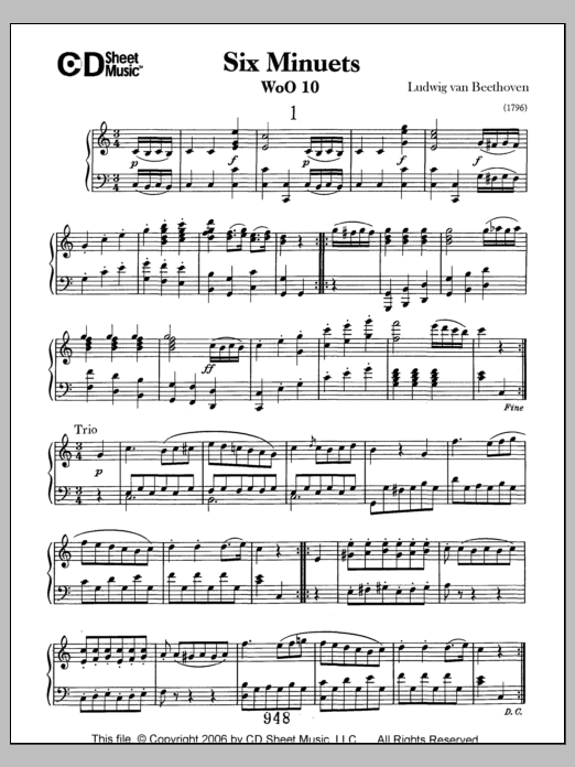 Ludwig van Beethoven Minuets (6), Woo 10 Sheet Music Notes & Chords for Piano Solo - Download or Print PDF