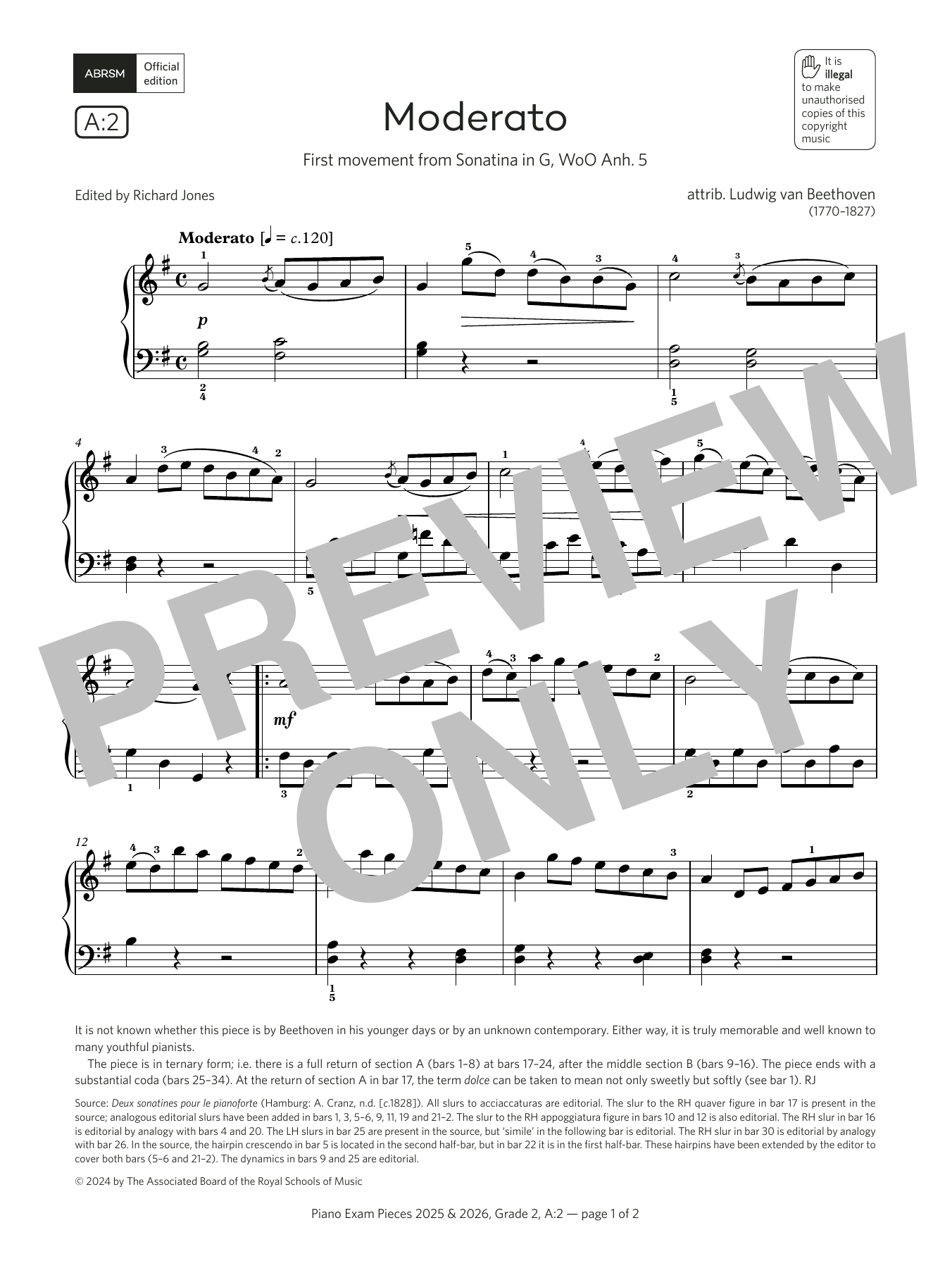 Ludwig van Beethoven Moderato (Grade 2, list A2, from the ABRSM Piano Syllabus 2025 & 2026) Sheet Music Notes & Chords for Piano Solo - Download or Print PDF