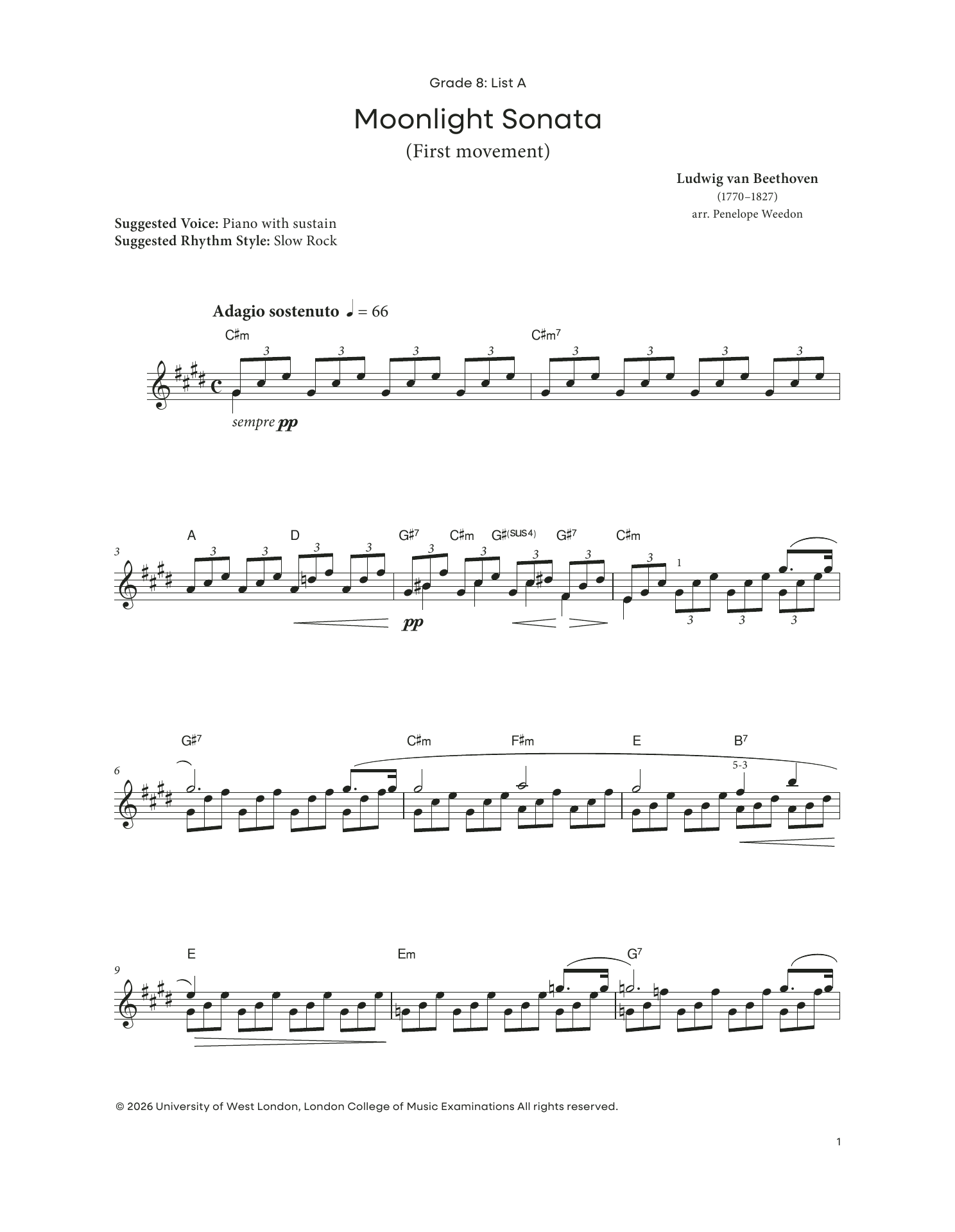 Ludwig Van Beethoven Moonlight Sonata (from LCME Electronic Keyboard Grade 8 List A) Sheet Music Notes & Chords for Piano Solo - Download or Print PDF