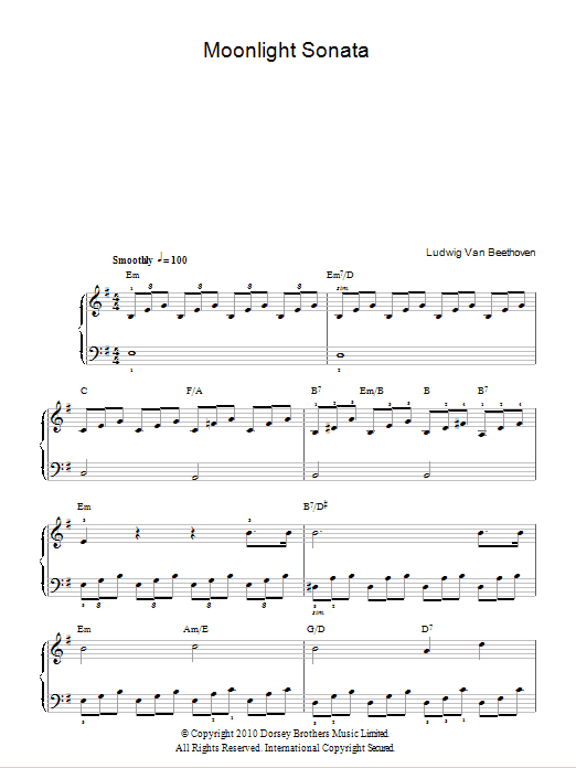 Ludwig van Beethoven Moonlight Sonata (Mondscheinsonate), First Movement, Op.27, No.2 Sheet Music Notes & Chords for Easy Piano - Download or Print PDF