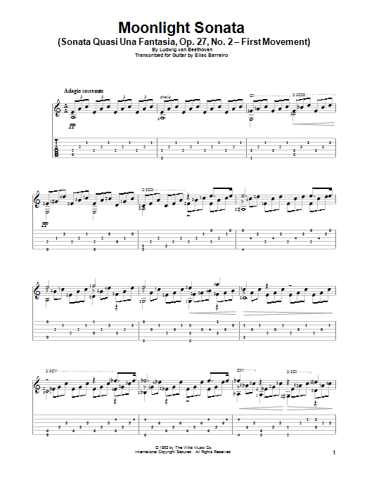 Ludwig van Beethoven Moonlight Sonata (Sonata Quasi Una Fantasia, Op. 27, No. 2 - First Movement) (arr. Elias Barreiro) Sheet Music Notes & Chords for Guitar Tab - Download or Print PDF