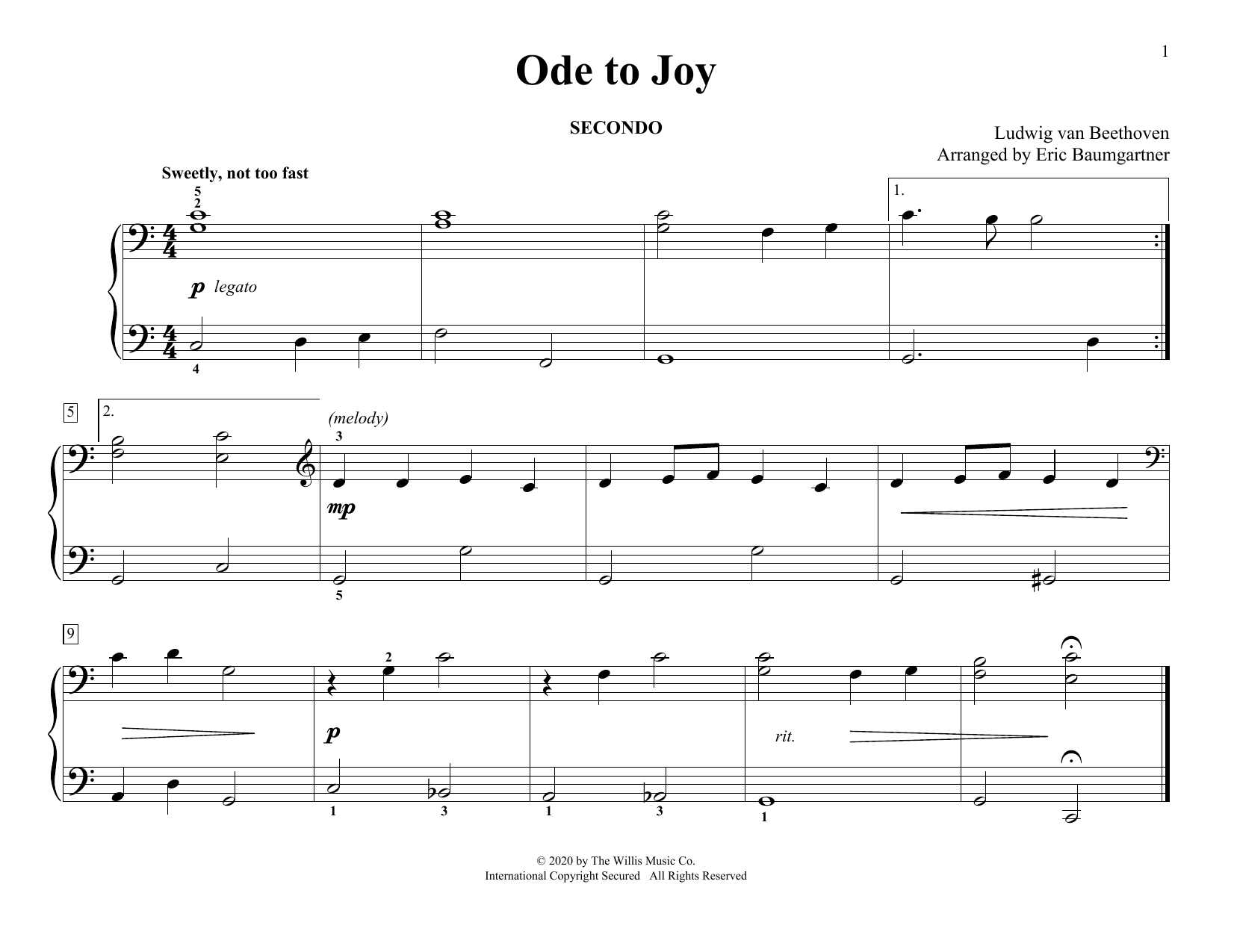 Ludwig van Beethoven Ode To Joy (arr. Eric Baumgartner) Sheet Music Notes & Chords for Piano Duet - Download or Print PDF